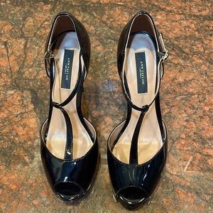 Ann Taylor black leather peeptoe heels with strap. Size 7